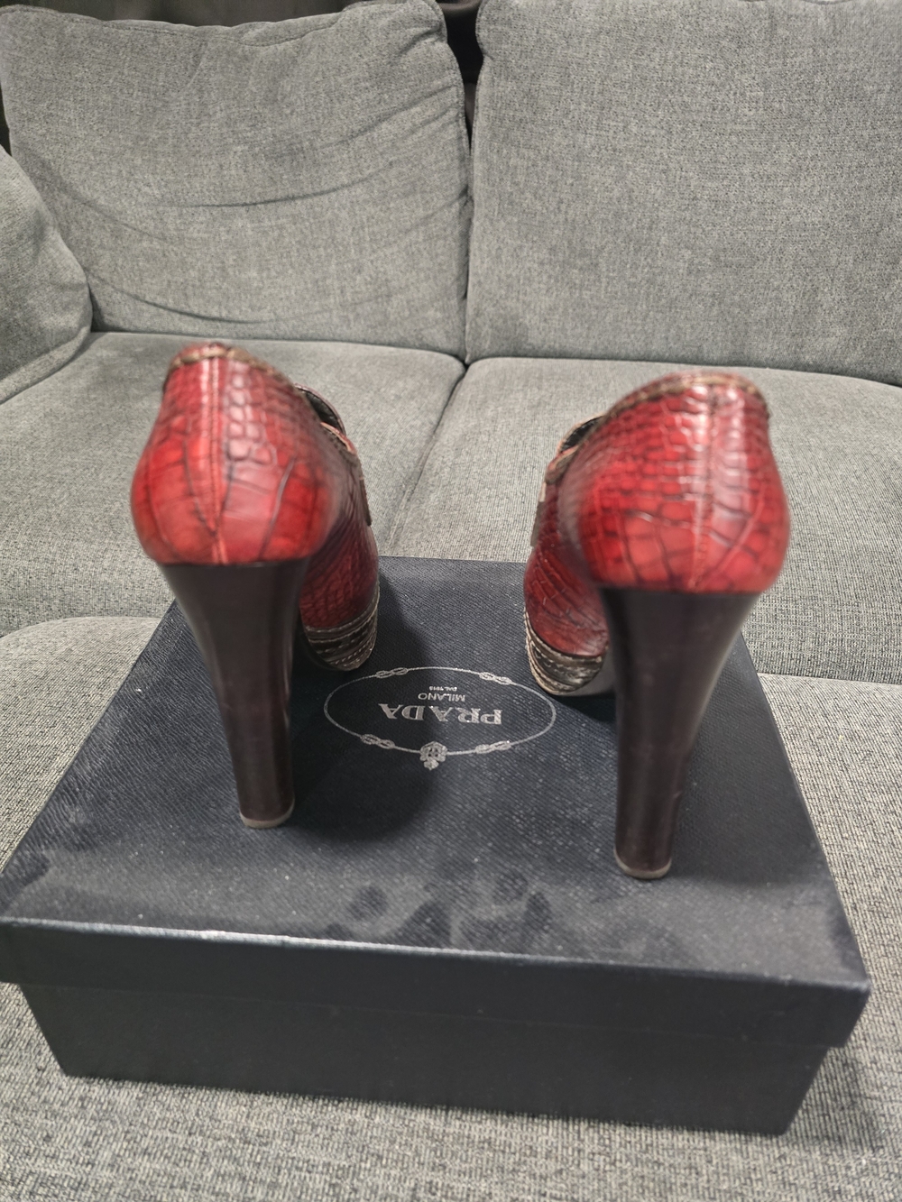 Prada Red Croc-Embossed Leather Platform Heels - Picture 3 of 4